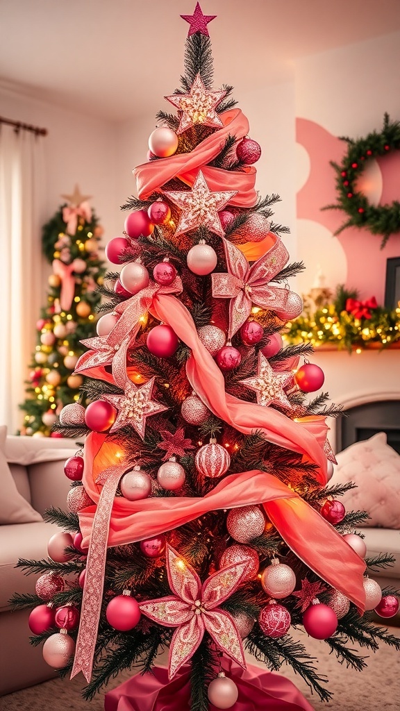 Pink Christmas Tree Themes for 2025 A pink Christmas tree decorated with ornaments and lights in a festive living room.